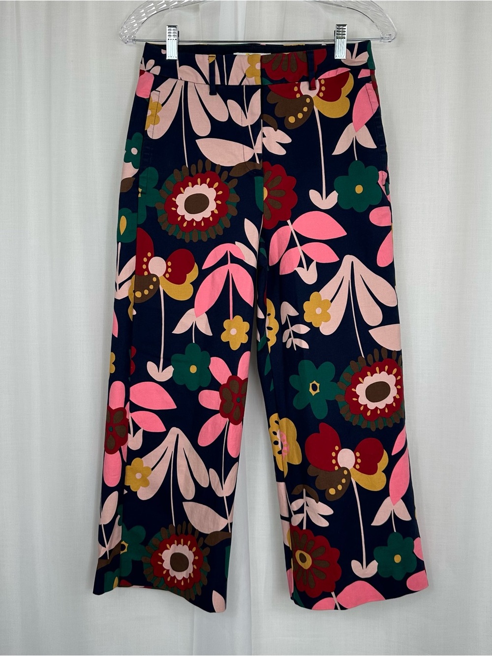 Boden Retro Floral Print Crop Wide Leg Pants Navy Pink US 4P Petite 60s 70s Mod